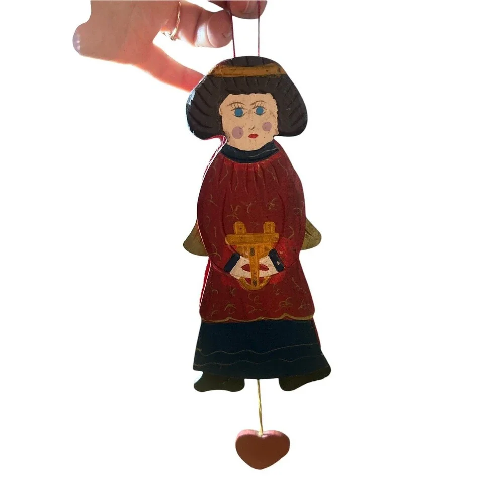 Angel Wooden Christmas Vintage Ornament W/ Harp Heart String Wings Brown Hair